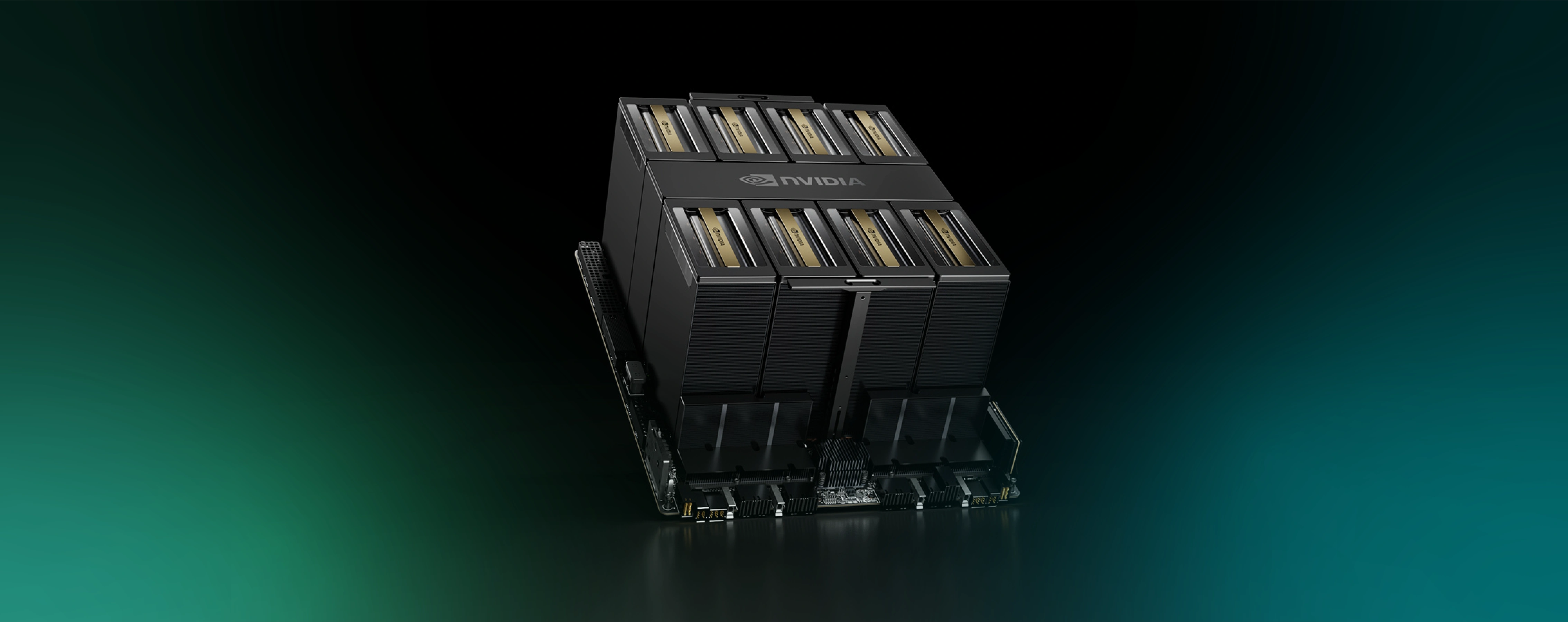 Close-up of an NVIDIA HGX system with multiple GPUs, highlighting its dense computing power for AI.
